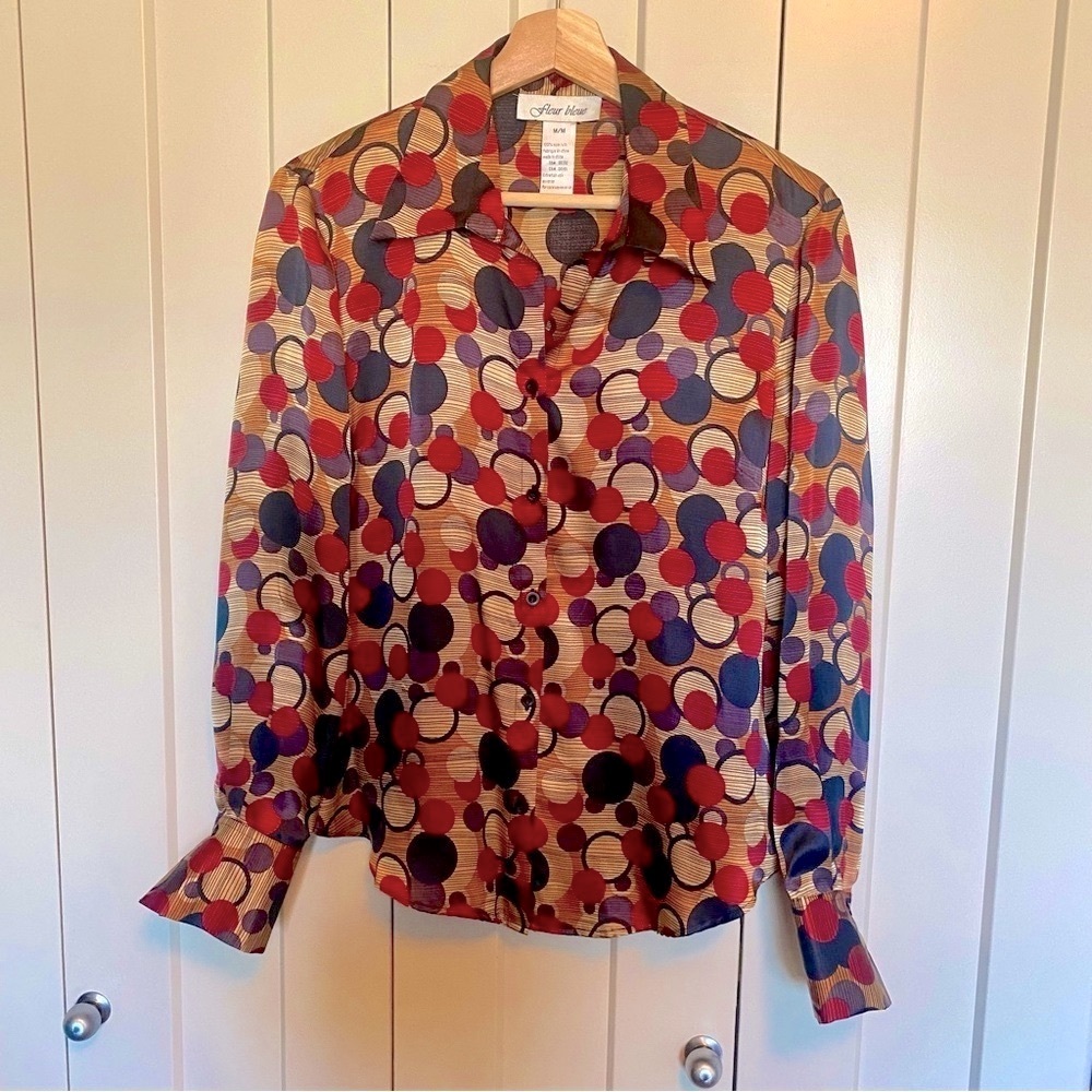 Vintage-Red, Brown & Black Notched Collar Blouse with Cuffed Sleeves, 100 % Silk